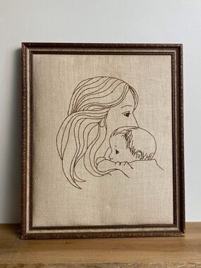 Vintage Embroidered Mother w/ Child Fabric Art Wooden Frame Wall Decor